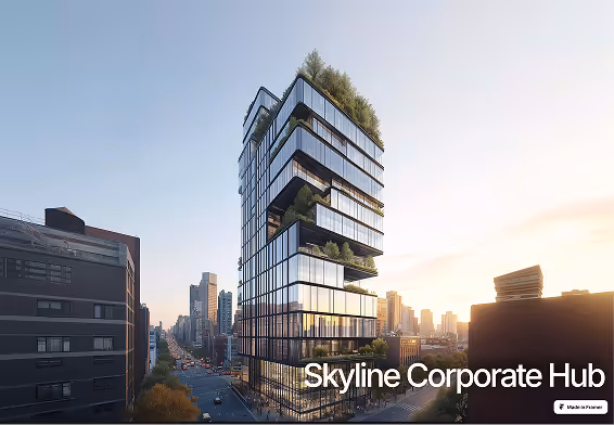 Modern glass skyscraper with greenery on terraces at sunset in a cityscape, labeled Skyline Corporate Hub.