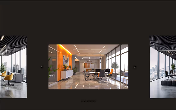 Modern office interior with large windows, sleek furniture, and an orange accent wall.