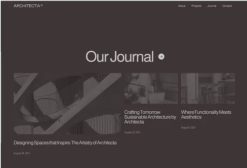 Website journal page with Architecta logo, navigation menu, and three architectural articles titled 'Designing Spaces that Inspire', 'Crafting Tomorrow: Sustainable Architecture', and 'Where Functionality Meets Aesthetics'.