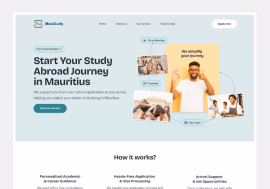 Website homepage for MauStudy showing study abroad services in Mauritius with images of smiling people, text about support from school application to arrival, and menu options including Home, About us, Our service, Testimonials, and Apply now button.