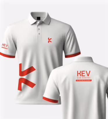 White polo shirt with red accents featuring 'KEV Car Rental' logo on sleeve and back, and a large red abstract design on the front left side.