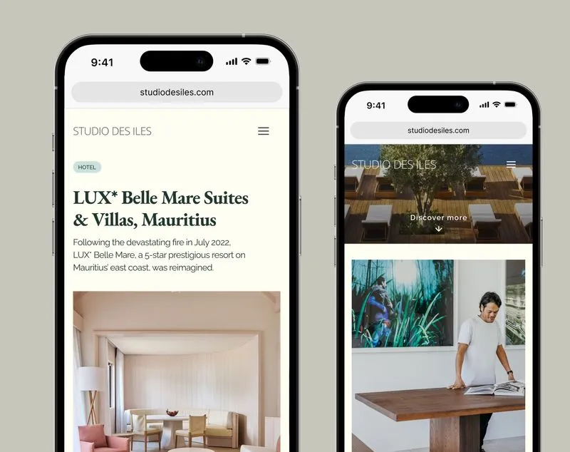 Two smartphones displaying studiodesiles.com; left shows article about LUX* Belle Mare Suites & Villas with interior photo, right shows studio homepage with man reading book and artwork.