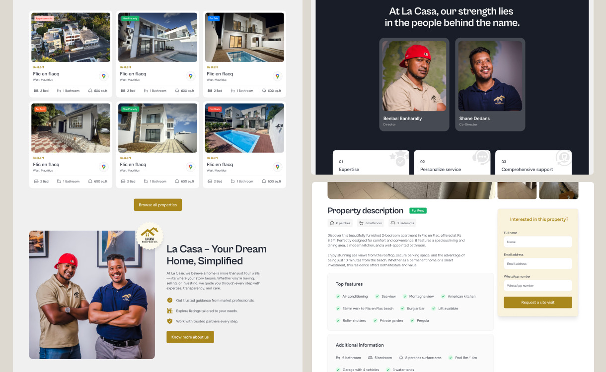La Casa Properties website screens showing property listing cards, team profiles, and a detailed property page.