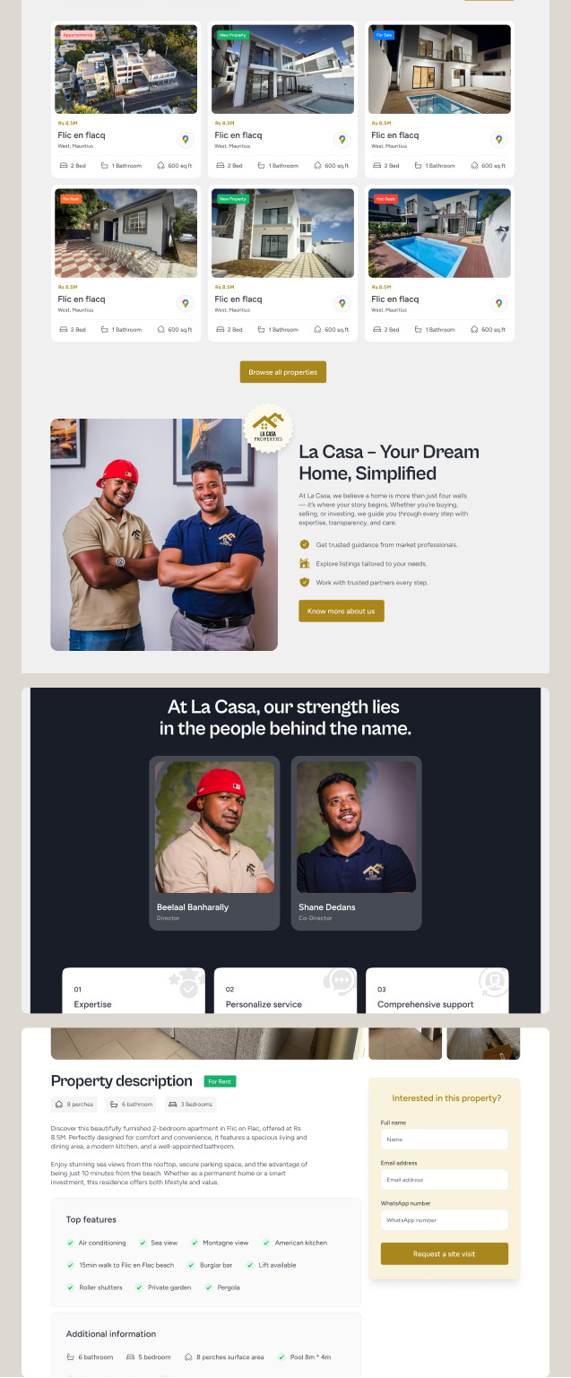 Mobile La Casa Properties screens showing property listings, team profiles, and a detailed property page.