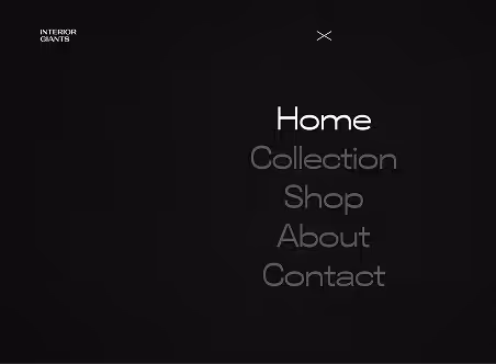Dark website menu screen with white text showing navigation options: Home, Collection, Shop, About, Contact.