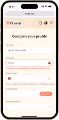 Mobile screen showing a profile completion form with full name, username error message saying username taken, phone number, profile picture upload, and region selection.