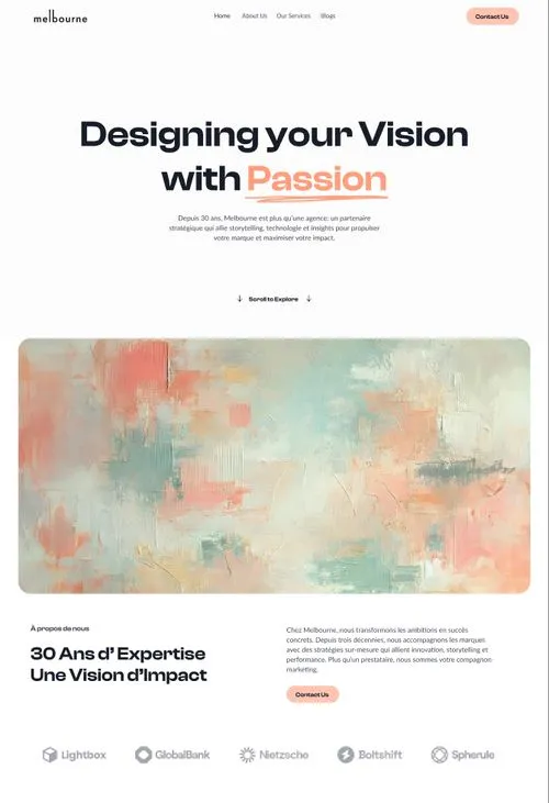 Website homepage with headline 'Designing your Vision with Passion', abstract pastel-colored artwork, and company description in French.