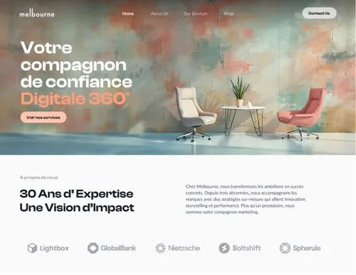 Modern office setting with two ergonomic chairs and a small table with a plant, overlaid text in French promoting a digital trust partner with 30 years of expertise.